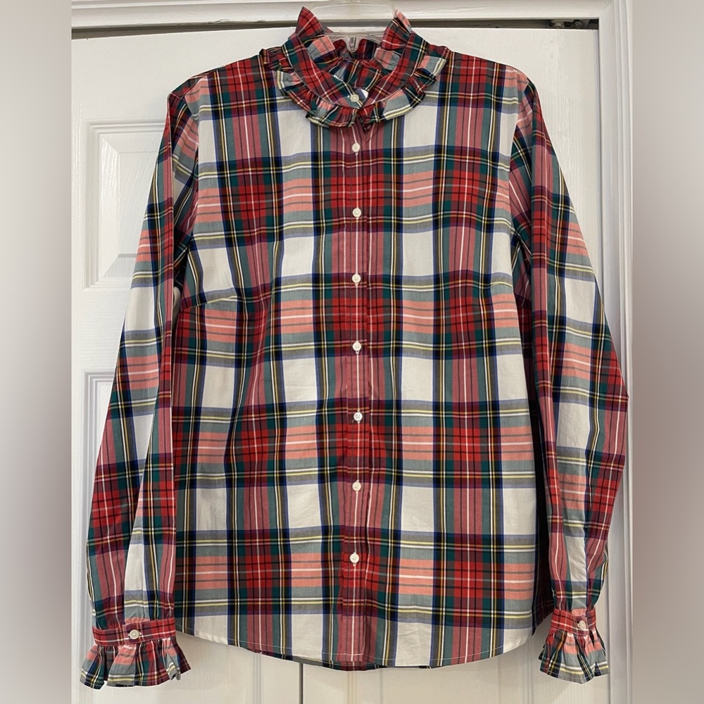EUC J. Crew Women's Tartan Plaid Button Up Shirt w/ Ruffle Collar Sz L Holidays